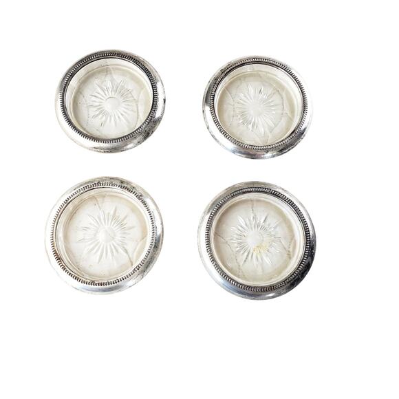 VNTG 1950s Leonard Silverplated Crystal Coasters Italy Set of 4 Starburst Glass - Picture 1 of 7